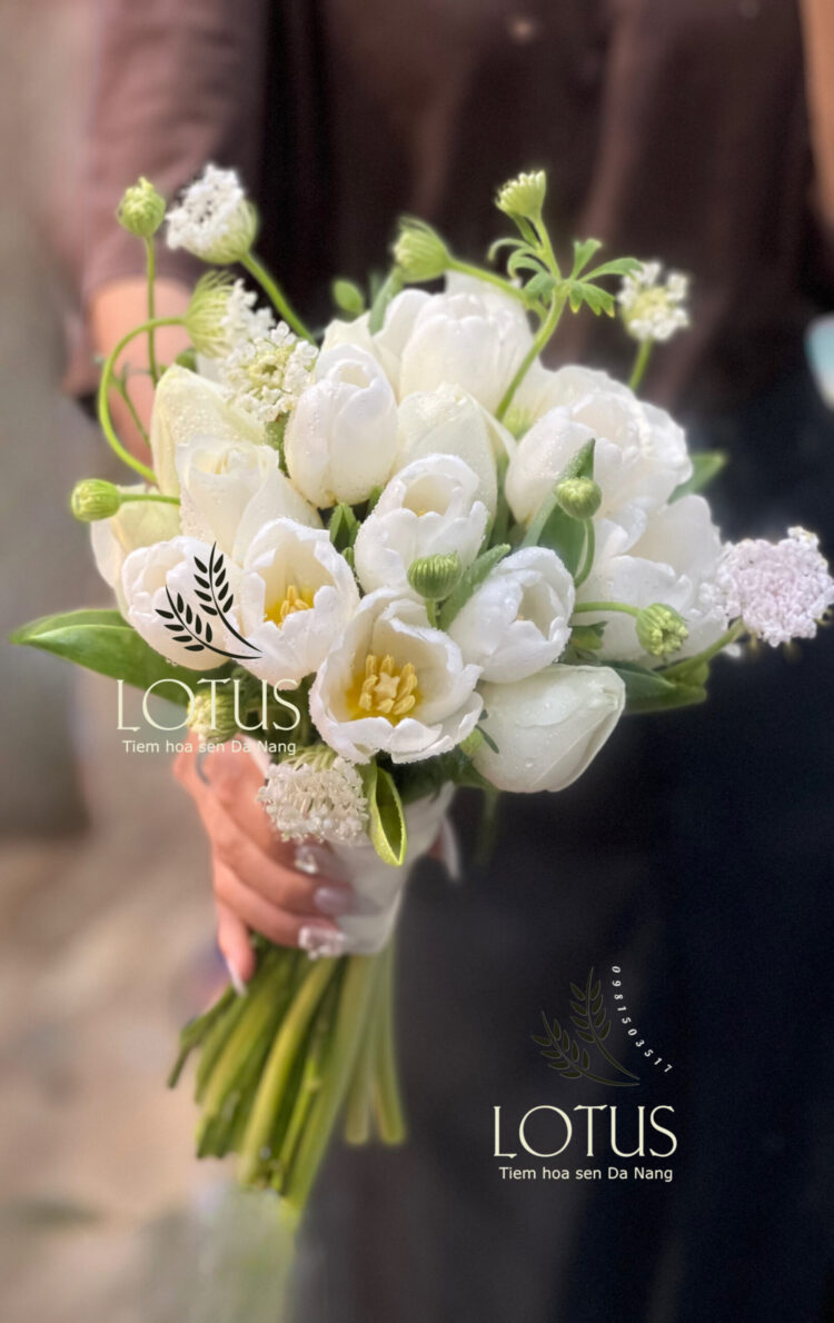Bó hoa cưới tulip trắng phối thúy châu Bó hoa cưới tulip trắng phối nụ hồng và hoa thúy châu trắng, thiết kế tối giản và thanh khiết