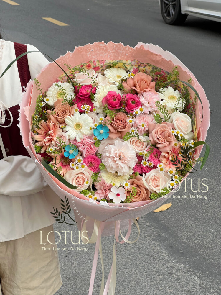 Bó Hoa Garden Capuchino Vintage Bó hoa garden capuchino Đà Nẵng phối hồng capuchino, đồng tiền và cúc tana