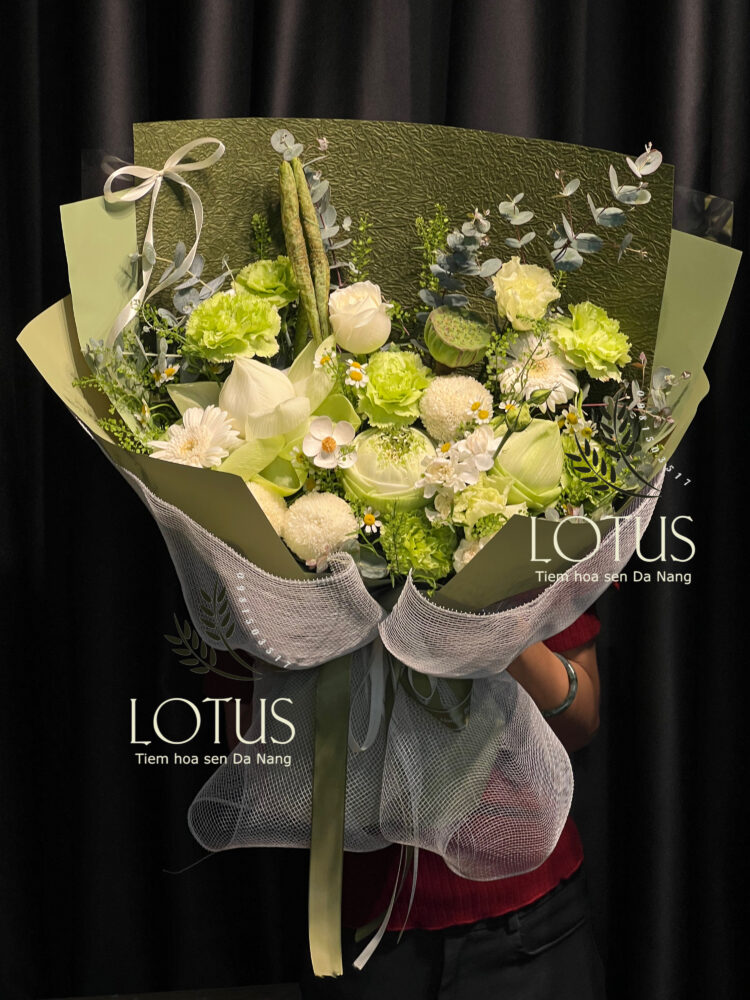 SENT-12404210 Bó Hoa Sen Trắng Xanh Thanh Lịch