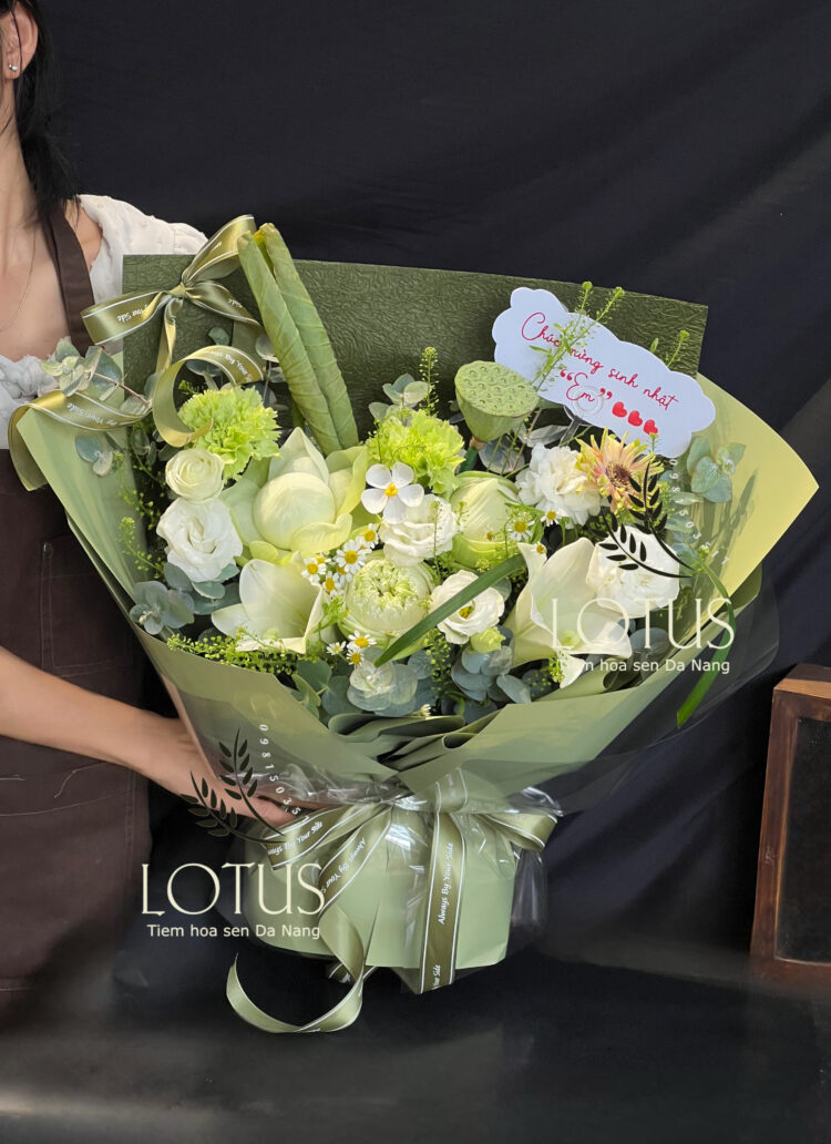 SENT-1240909 Bó Hoa Sen Trắng Xanh Thanh Lịch