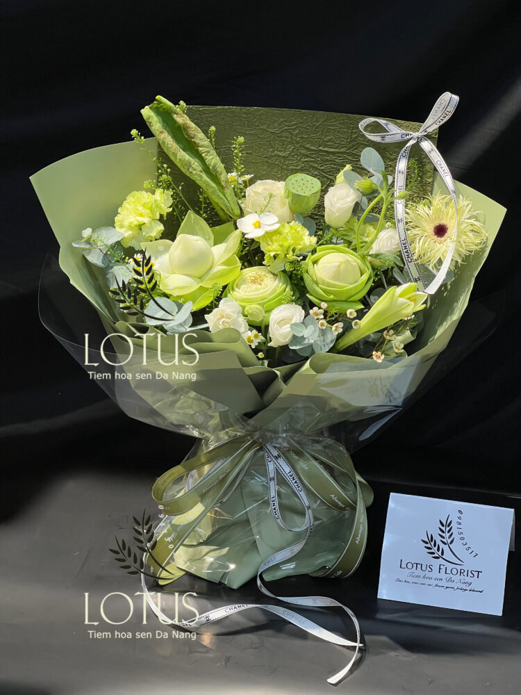 SENT-21085852 Bó Hoa Sen Trắng Xanh Thanh Lịch
